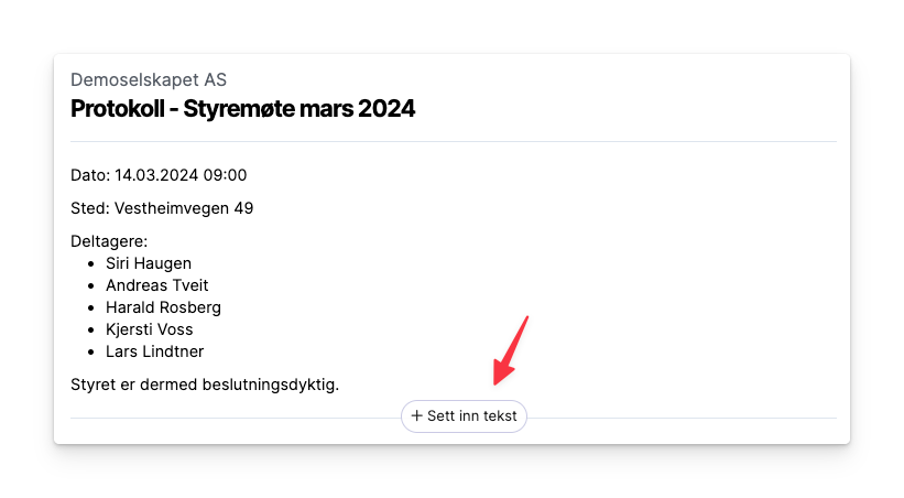 Protokoll for styremøte med dato, sted og deltagerliste, knapp for