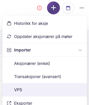 Menyvalg for import av aksjonærer fra VPS i aksjeeierbok i Bård