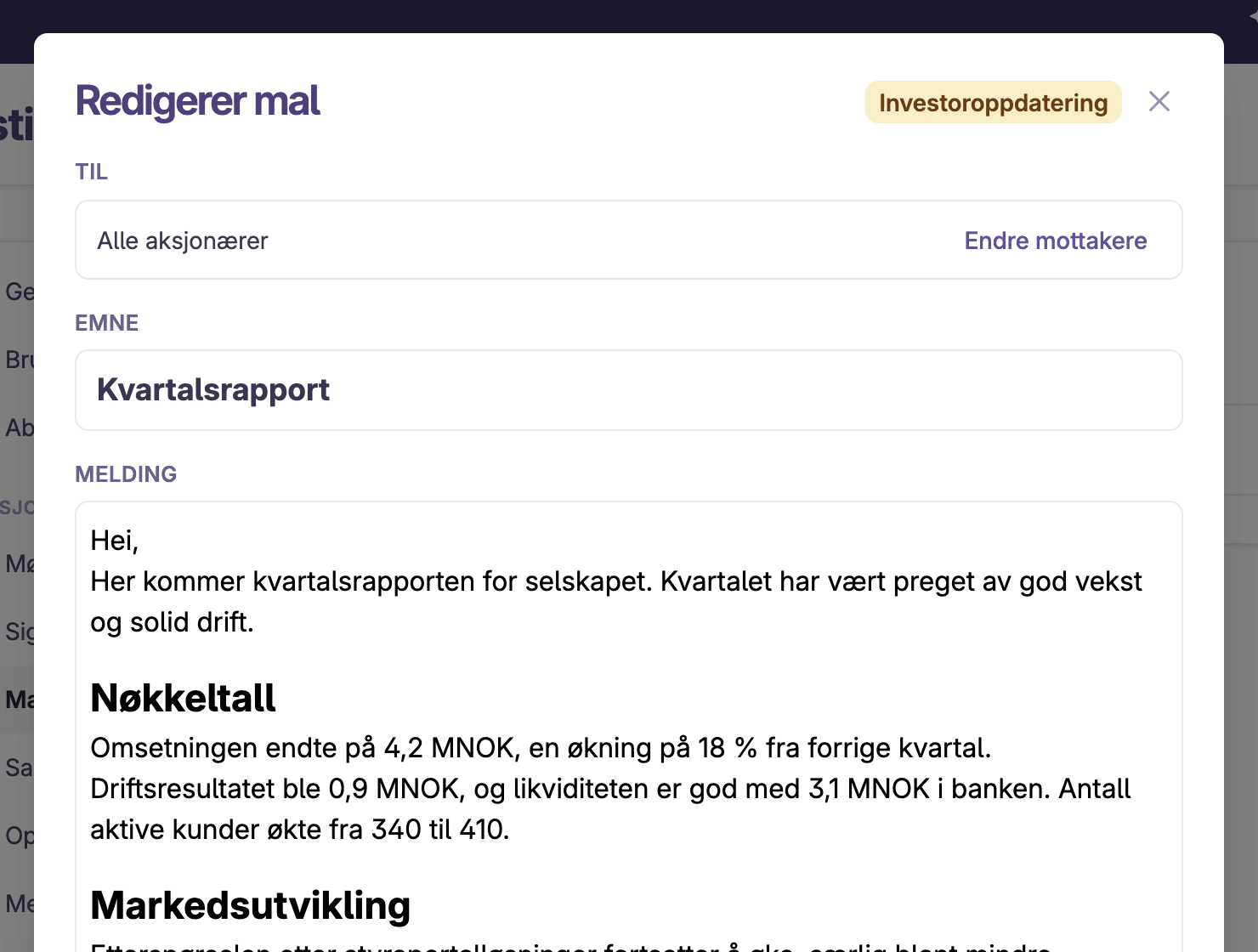 Redigering av en investoroppdaterings-mal med flettefelt og nøkkeltall