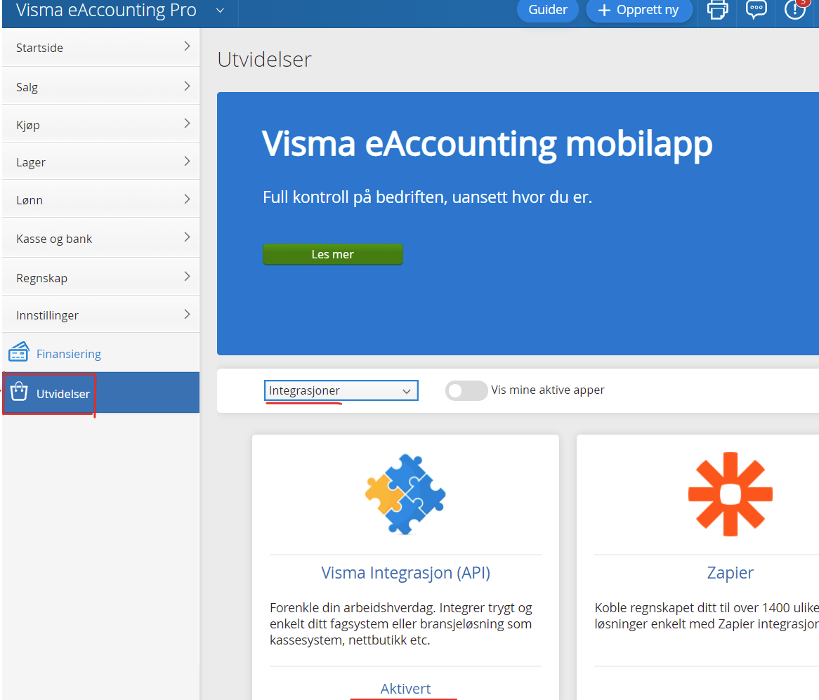 Visma eAccounting utvidelser med aktivert Visma Integrasjon API-modul