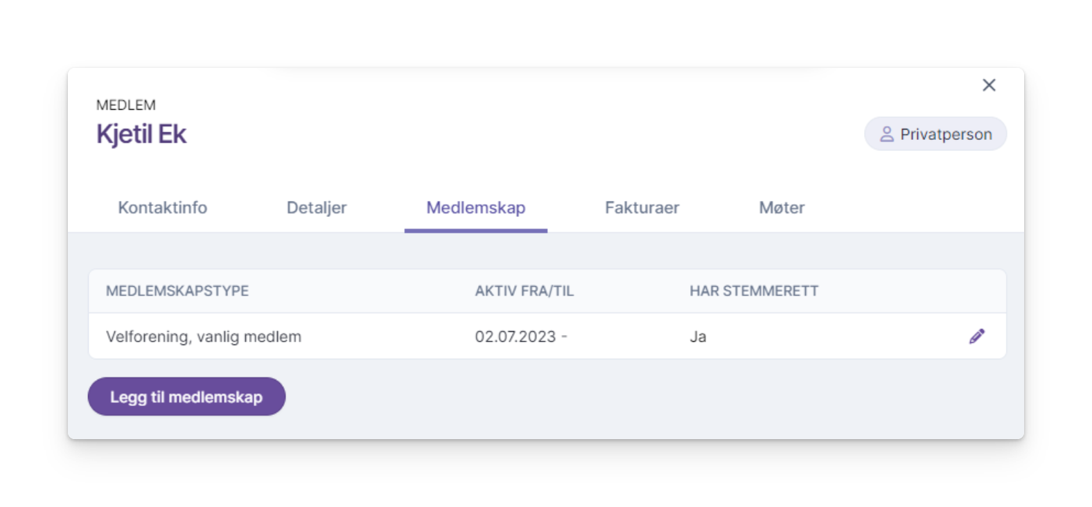 Medlemskort med medlemskapstype velforening og stemmerett aktivert