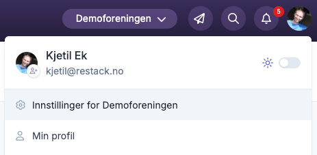 Brukermeny med Innstillinger for Demoforeningen valgt under Kjetil Ek