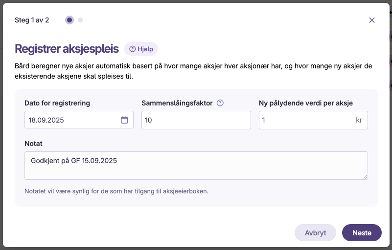 Registrering aksjespleis med dato 18.09.2025, faktor 10, ny verdi 1 kr per aksje