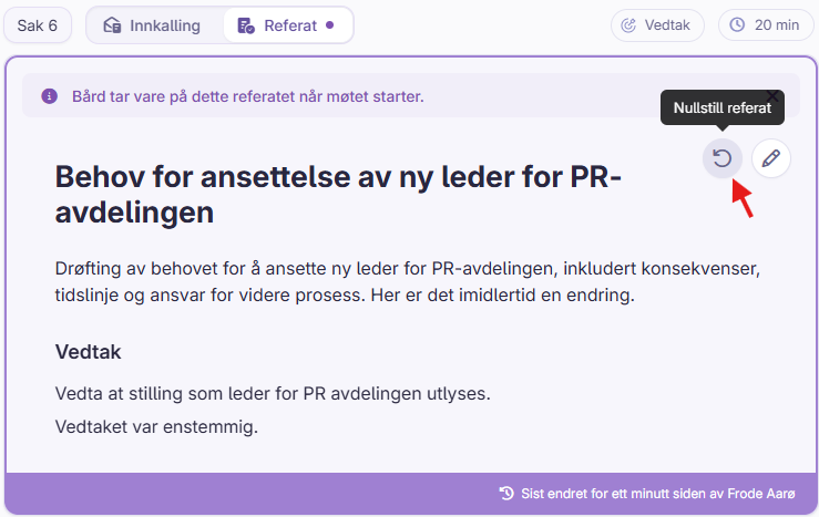 Meny på en sak med valg for å kopiere tekst fra innkalling til referat og tilbakestille referatet