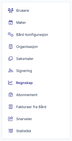 Meny med alternativer som Regnskap, Brukere, Møter, Signering og Statistikk