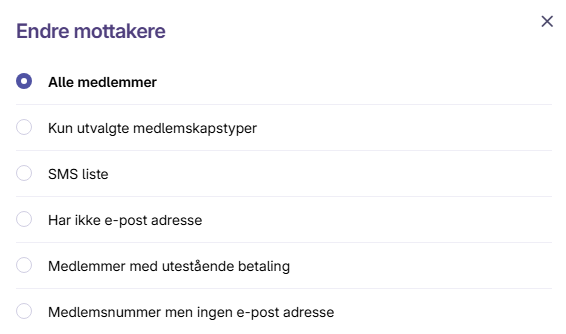 Valg av mottakere for e-post eller SMS basert på medlemsfiltere