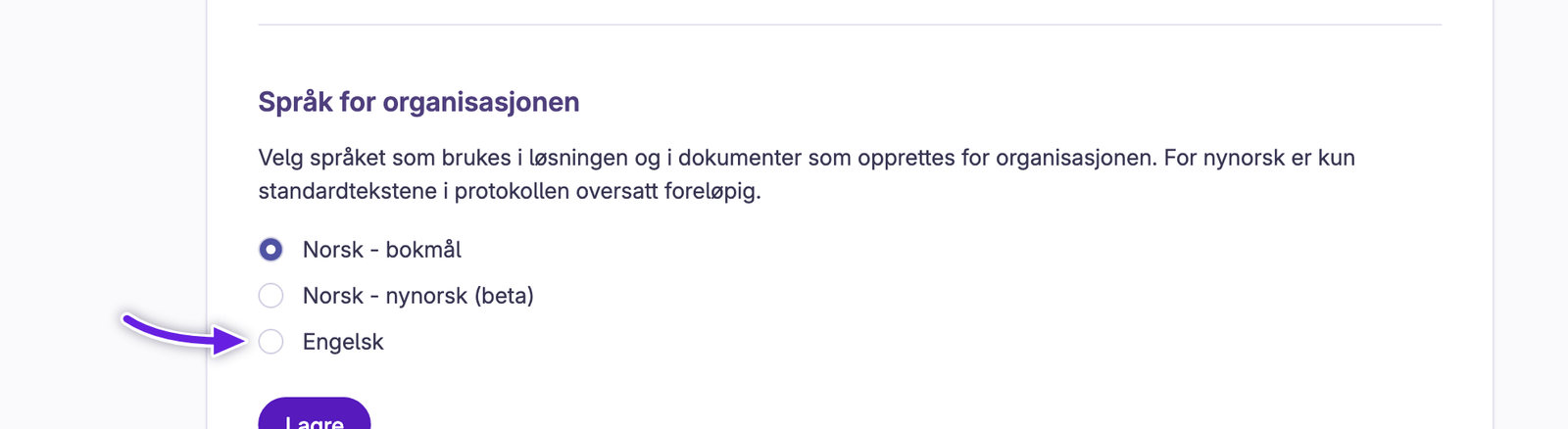 Skjermbilde: Endre standardspråk for organisasjonen