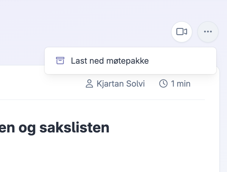 Menyvalg for nedlasting av møtepakke PDF eller ZIP i møteplattform