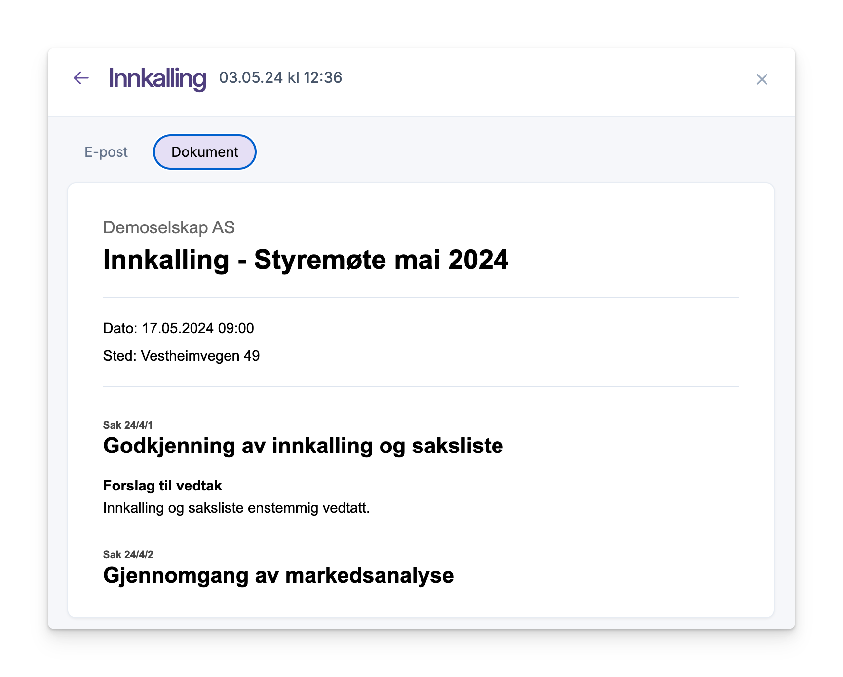 Innkalling styremøte med saksliste og møteadresse Vestheimvegen 49