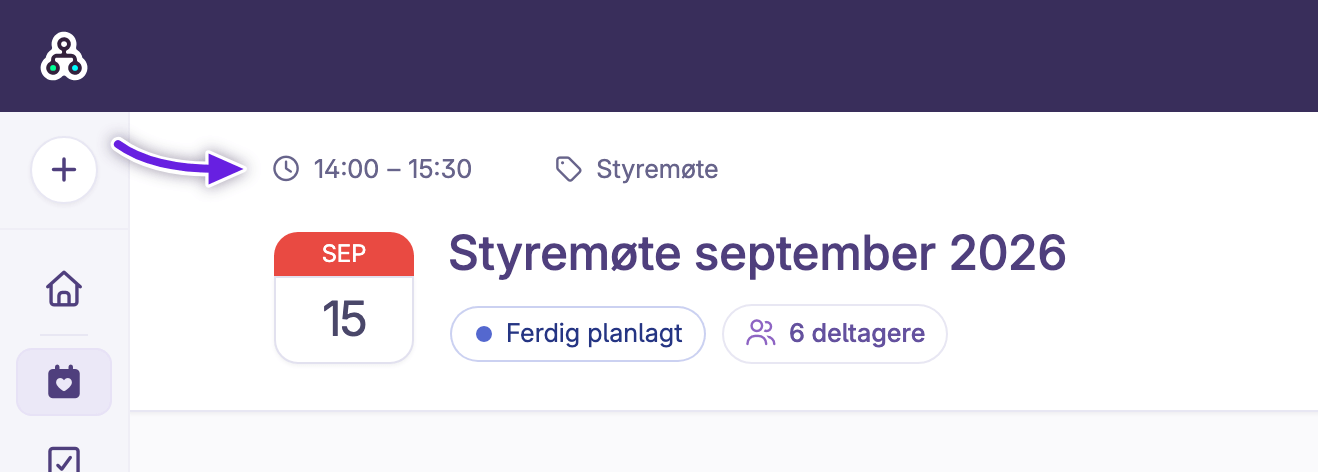 Kalender med møteinfo, tidsvalg og sted i øvre del av planleggingsvinduet
