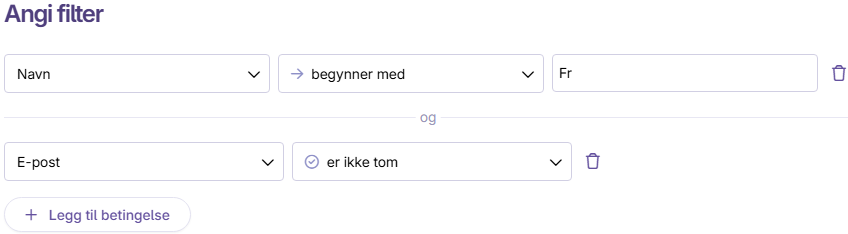 Filter for navn som begynner med Fr og e-post som ikke er tom