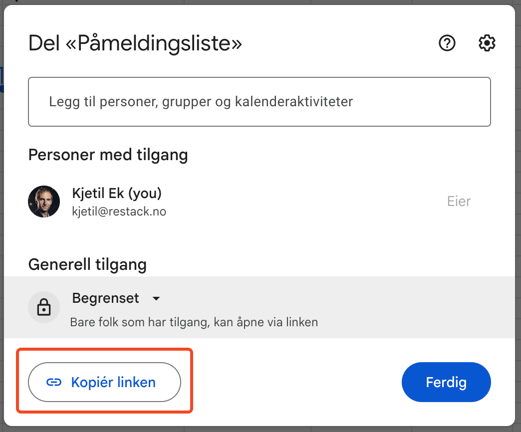 Delingsvindu for Google Sheets med knapp for kopiering av link og