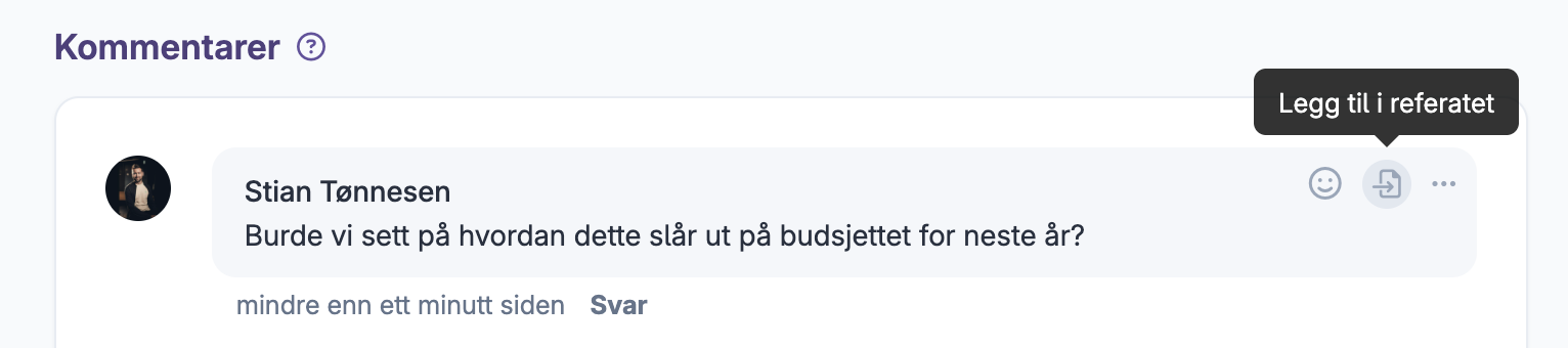Kommentar med forslag til budsjettvurdering og knapp for å legge til i referat