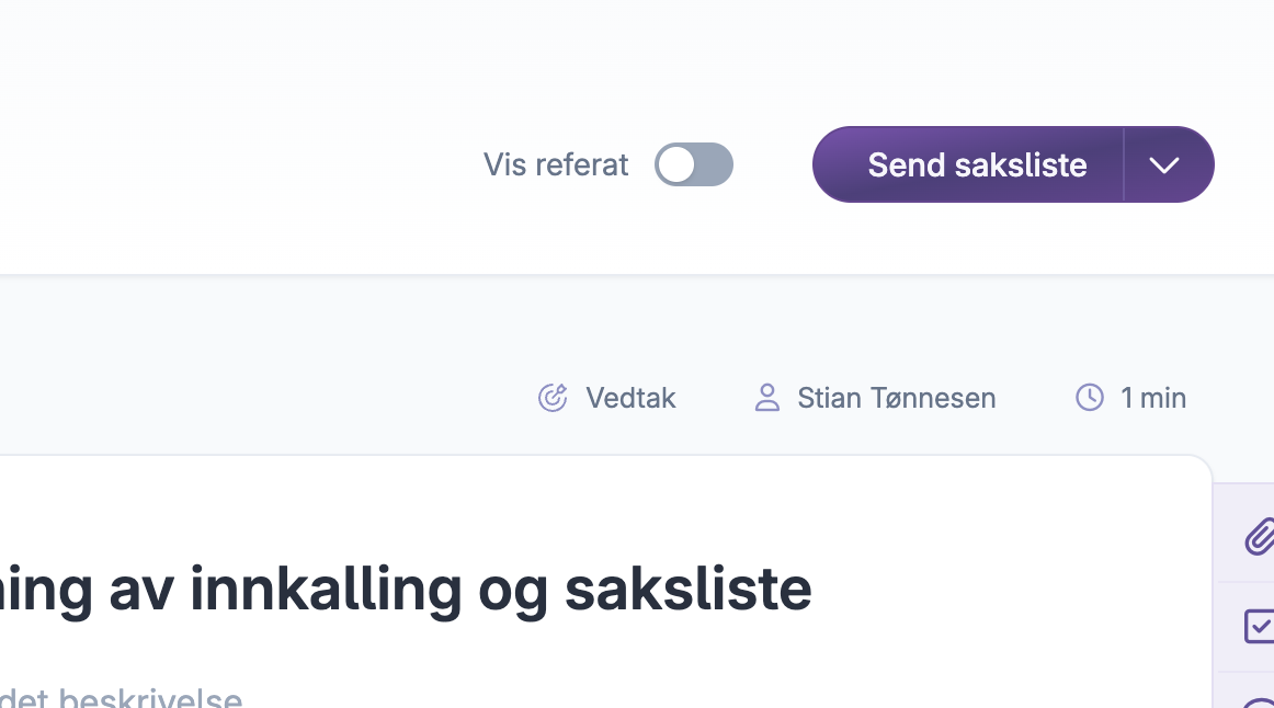 Knapp for å sende sakslisten og alternativ meny for neste møte steg