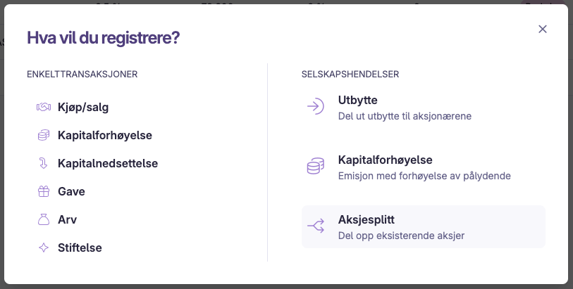 Registrering av selskapshendelser med valg for aksjesplitt og transaksjoner