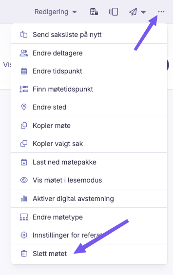 Meny for å slette et møte i Bård