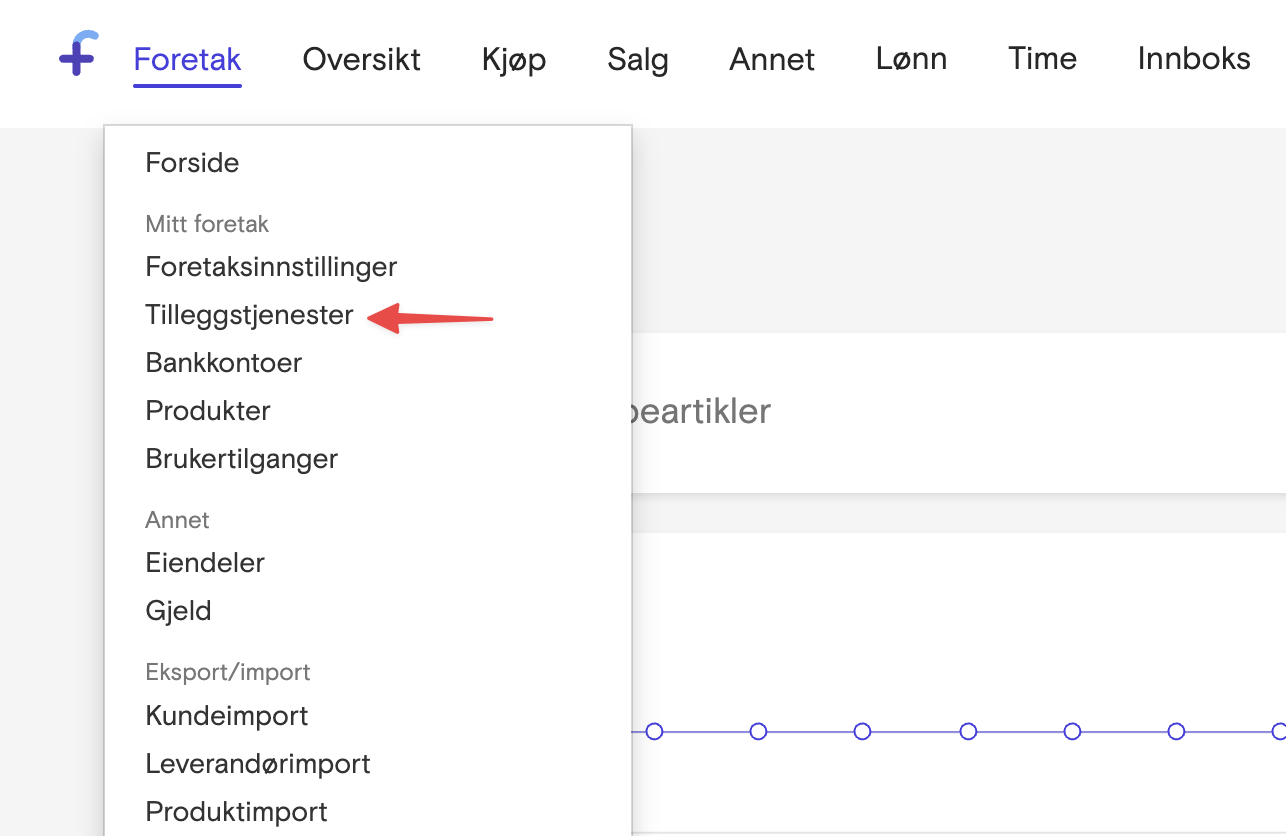 Nedtrekksmeny under Foretak med valgt Tilleggstjenester-markør