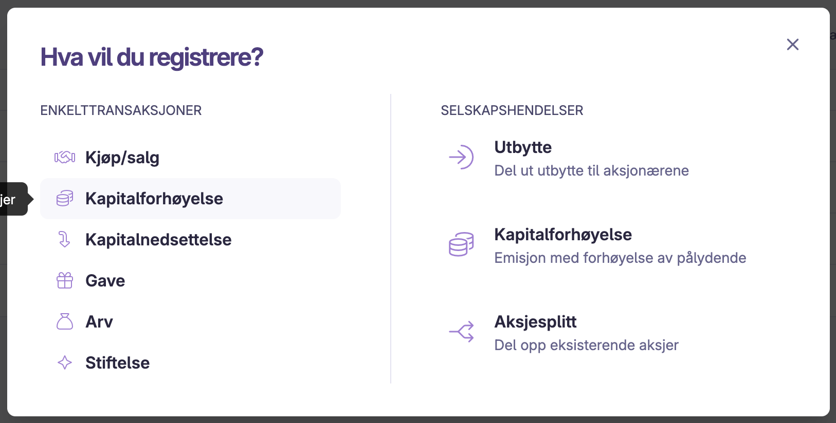 Meny for registrering av enkelttransaksjoner og selskapshendelser i aksjeselskap