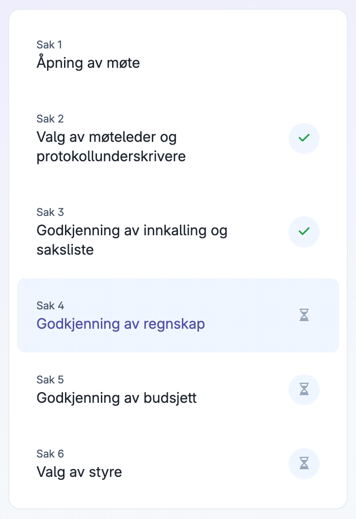Saksliste for møte med punkt for godkjenning av regnskap markert