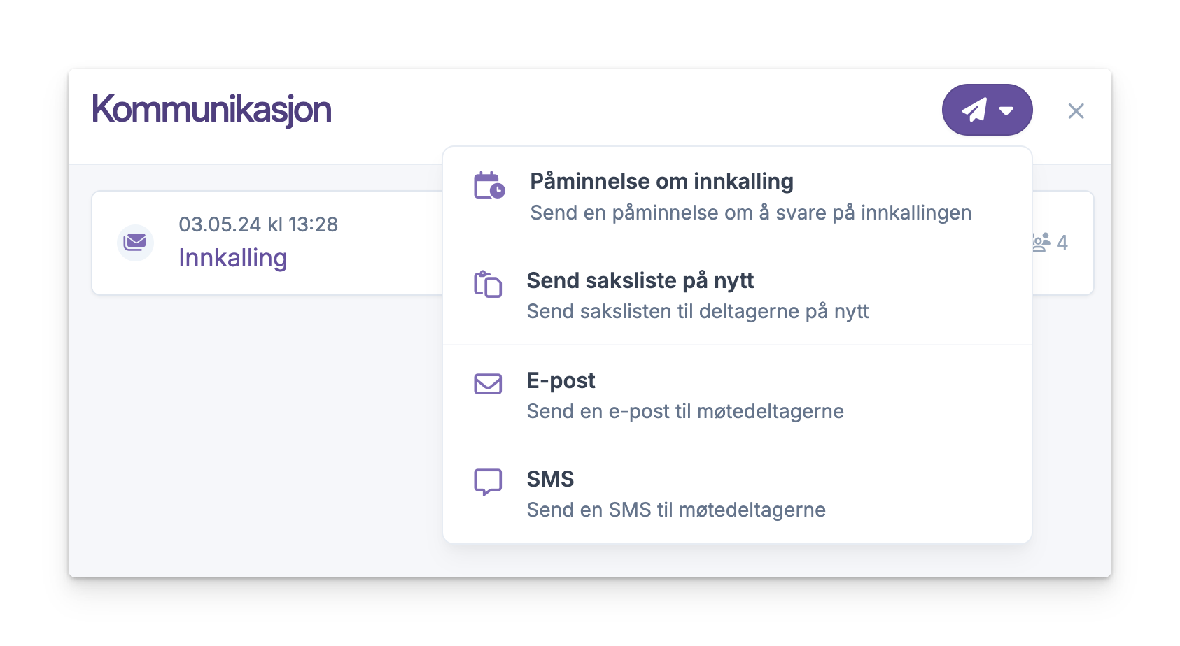 Kommunikasjonsmeny med valg for påminnelse, saksliste, e-post og SMS til