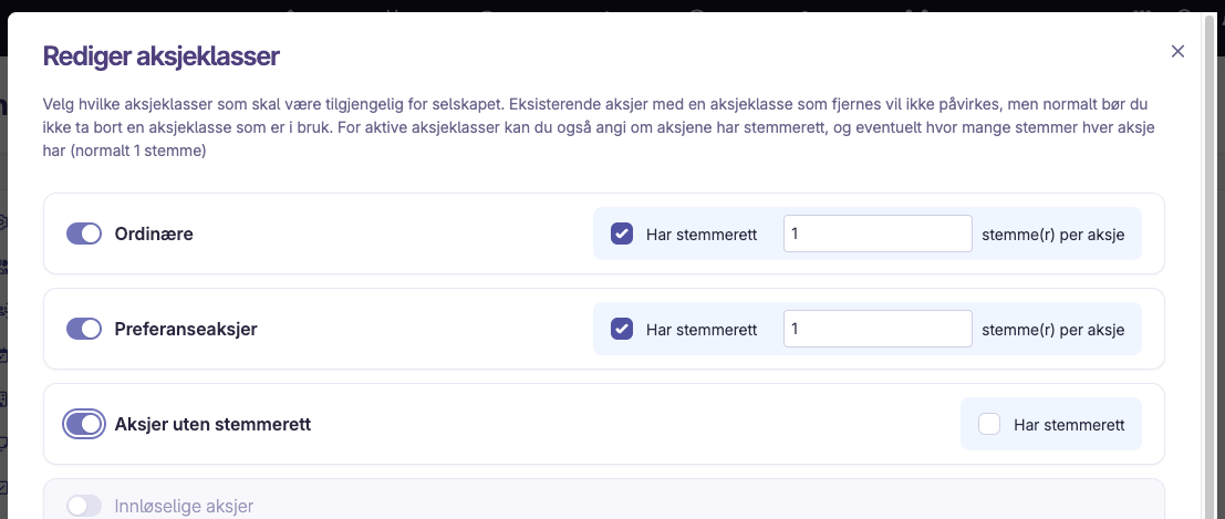 Redigering av aksjeklasser
