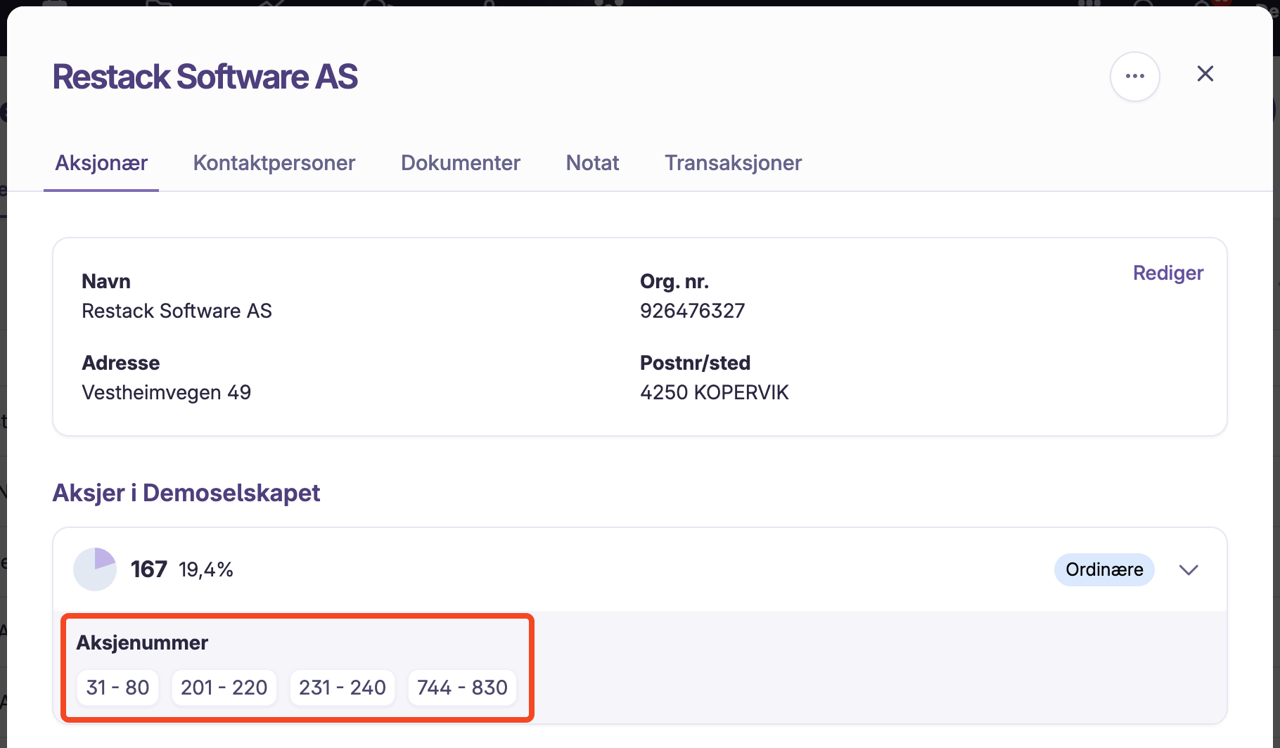 Redigering av aksjonær i Bård