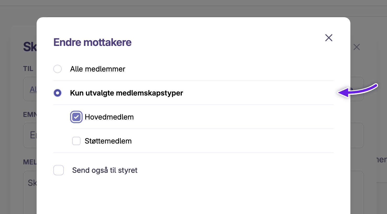 Dialogen «Endre mottakere» med filter på medlemskapstype