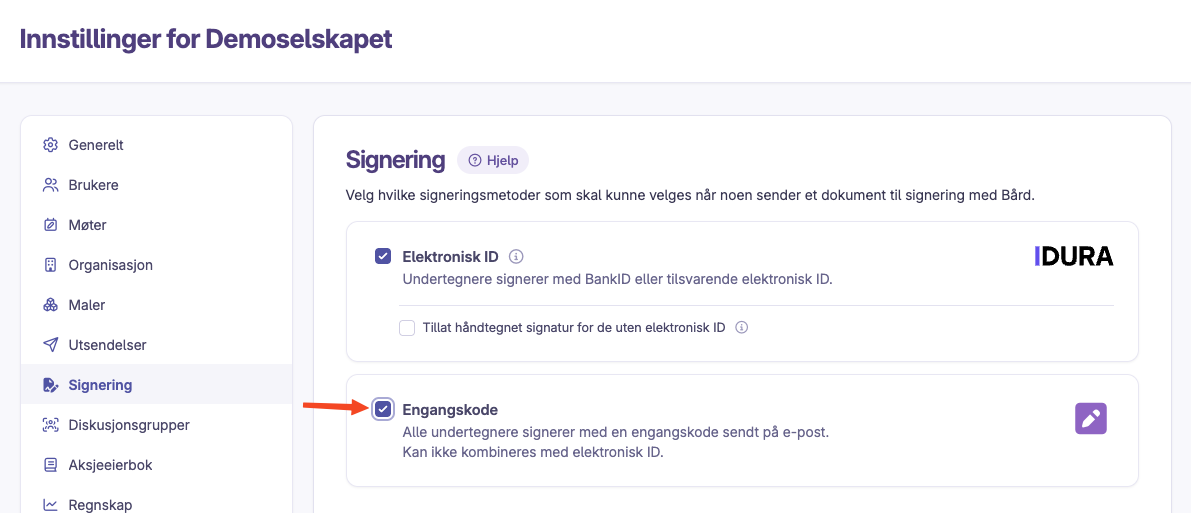 Skjermbilde 1: Signering med engangskode