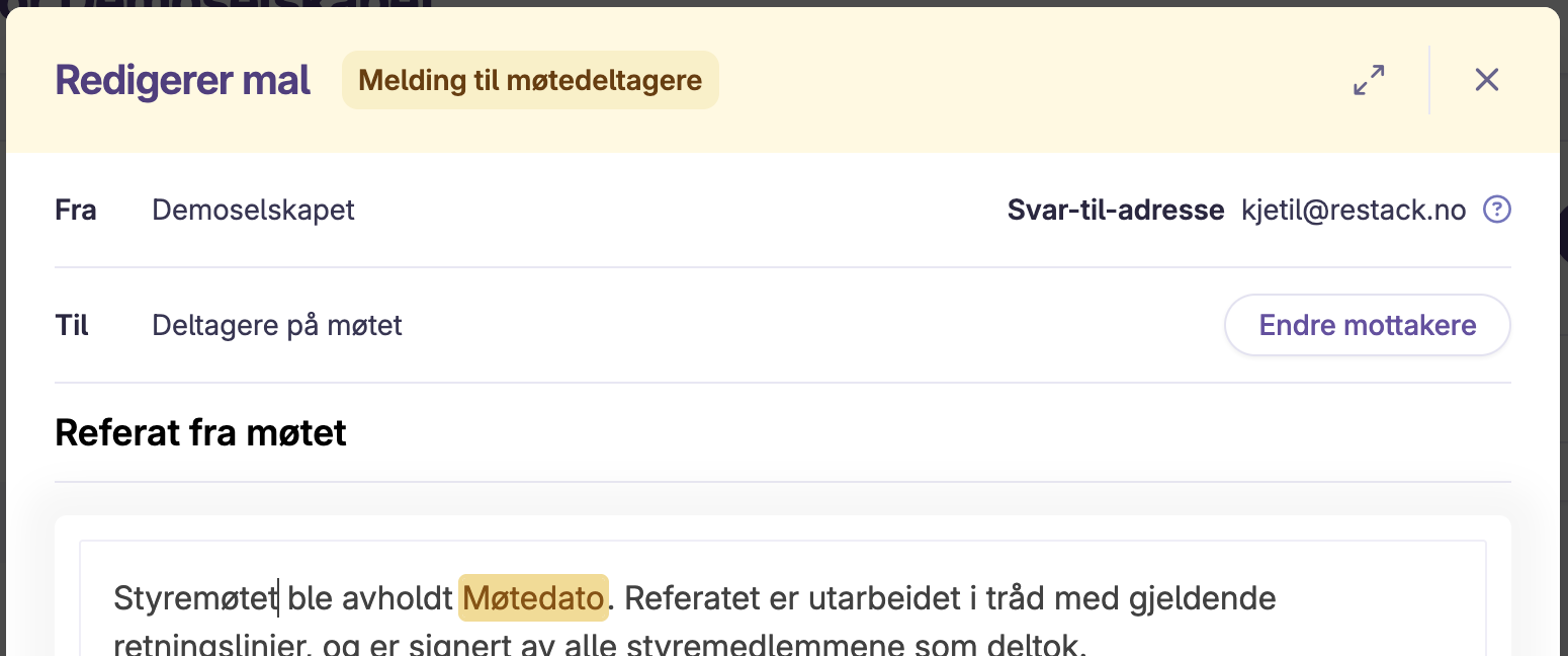 Redigeringsvindu for melding med avsender, mottakere og tekstmal for møtebeskjed