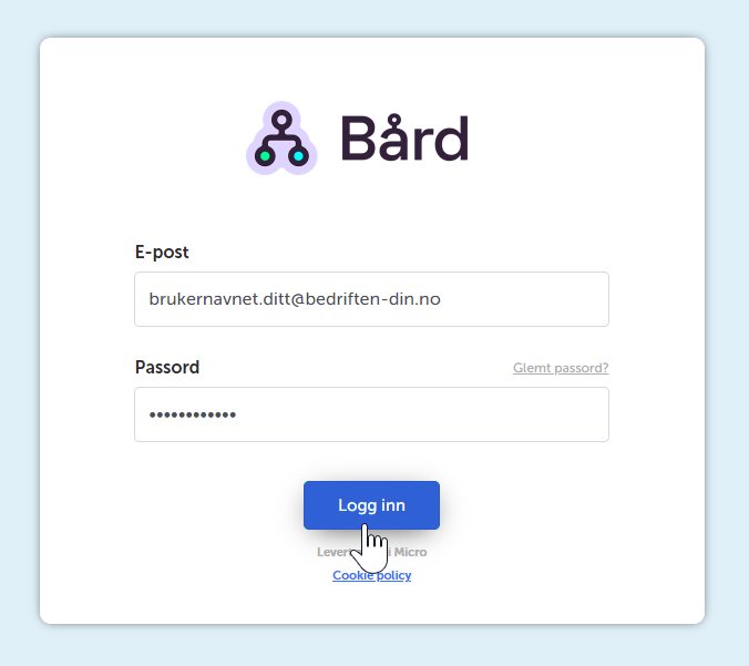 Innlogging til Bård med e-post og passord før videresending til SpareBank 1