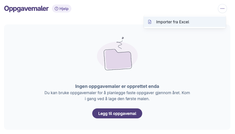 Tom side for oppgavemaler med knapp for legg til oppgavemal og import fra