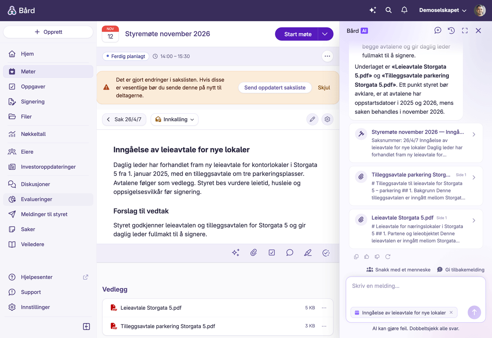 Saken Inngåelse av leieavtale for nye lokaler med chatten ved siden, som oppsummerer saken og de to vedleggene med kildekort