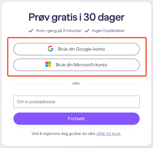 Registrering med Google- eller Microsoft-konto eller e-postadresse for gratis