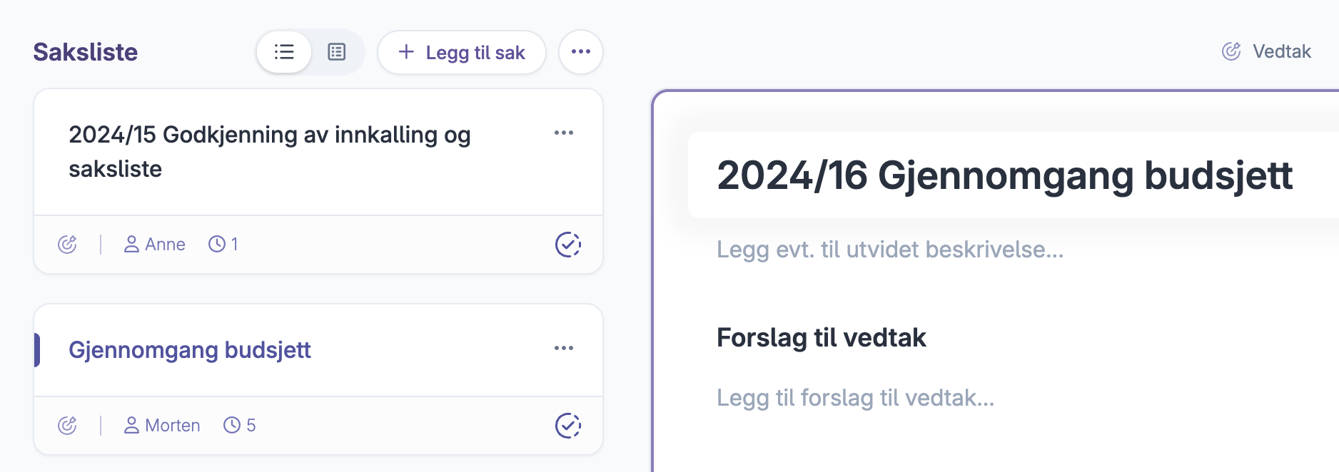 Saksliste med saksnummer og tema for styremøte i digital plattform