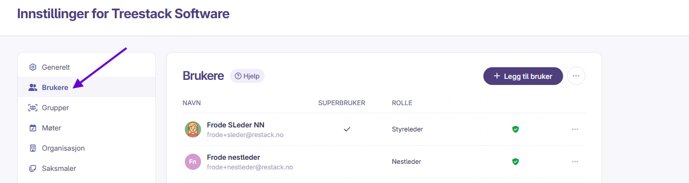 Menyvalg for brukere under innstillinger