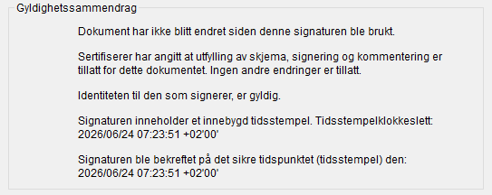 Signaturpanel i Adobe Acrobat som bekrefter gyldig signatur og sertifikatstatus for et BankID-signert dokument
