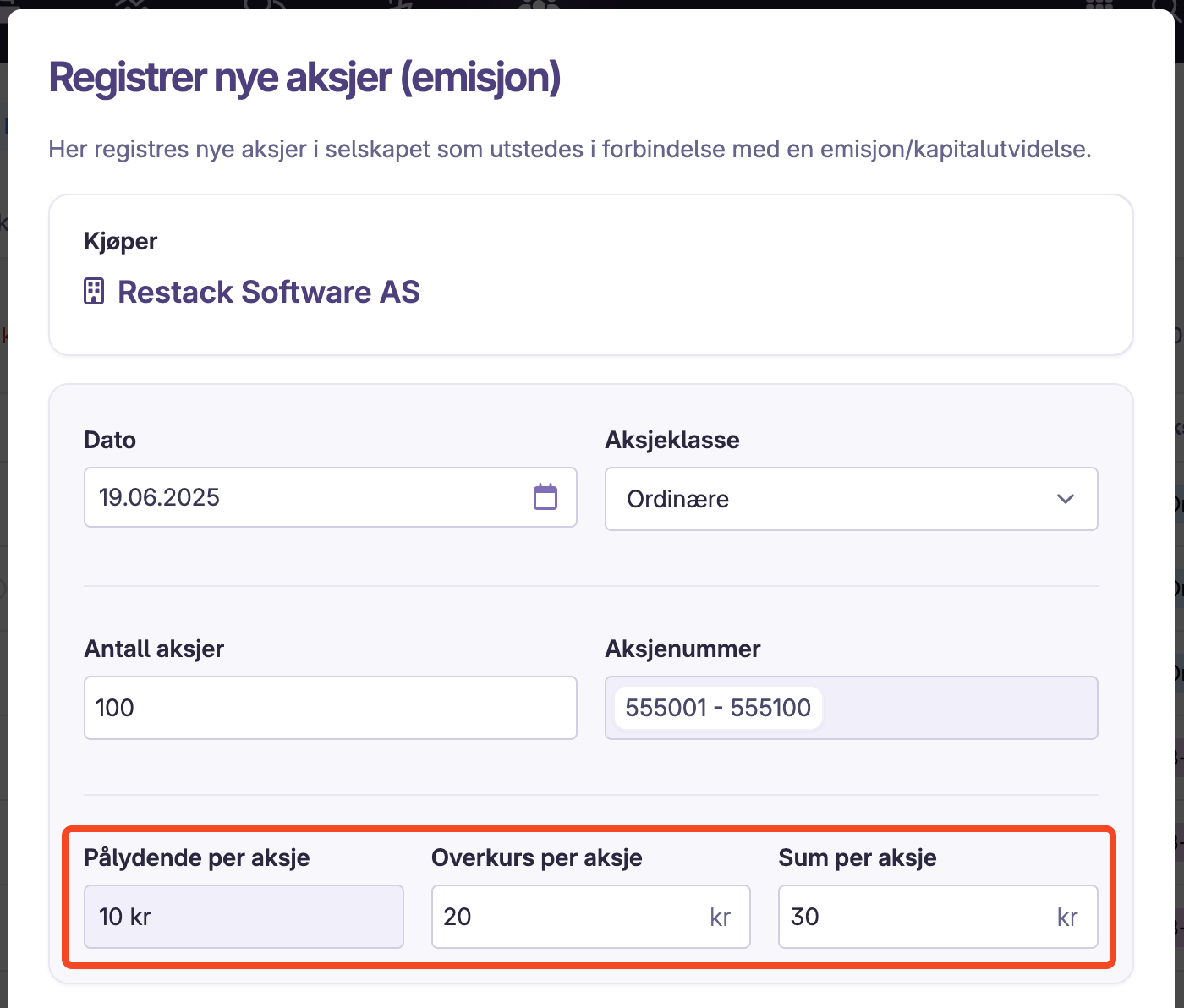 Registrering av nye aksjer med pålydende 10 kr, overkurs 20 kr, sum 30 kr