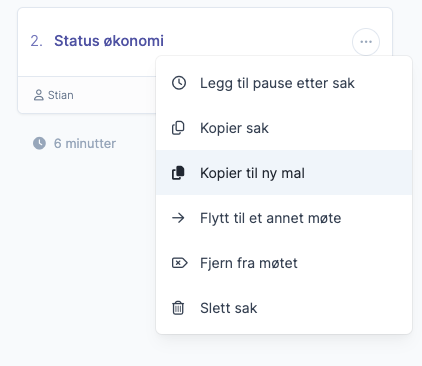 Menyvalg med kopiér til ny mal for sak under møter