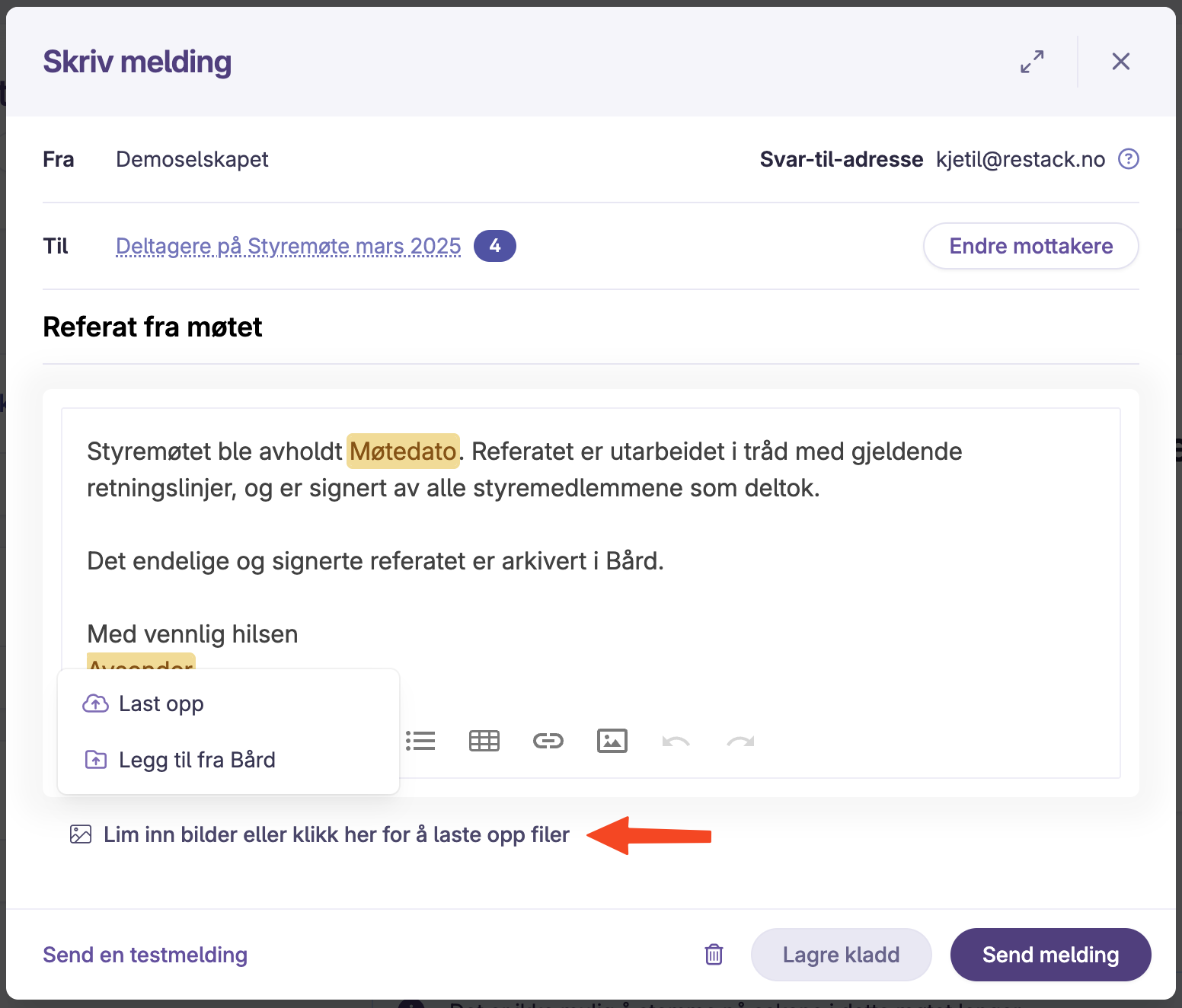 E-post med mottakere, tekstfelt, opplastingsvalg og send-knapp
