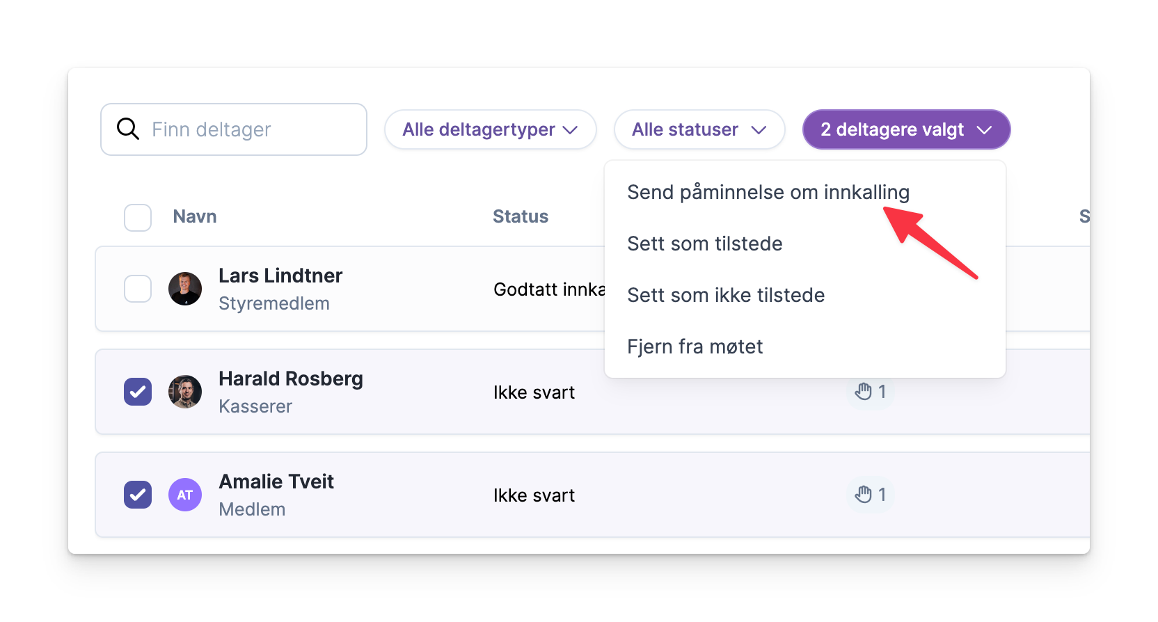Valgte deltakere med status ikke svart og meny for å sende påminnelse om