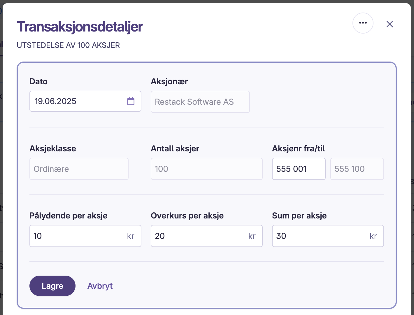 Transaksjonsdetaljer for 100 ordinære aksjer med pålydende og overkurs per aksje
