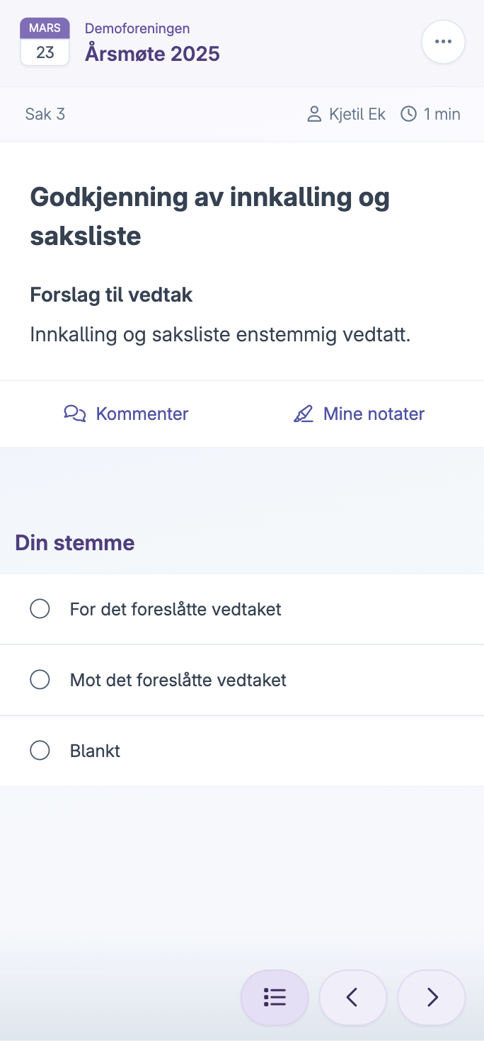 Avstemning med valg for godkjenning av innkalling og saksliste