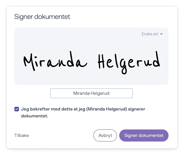 Digital signatur med navn markert og bekreftelsesfelt valgt for signering