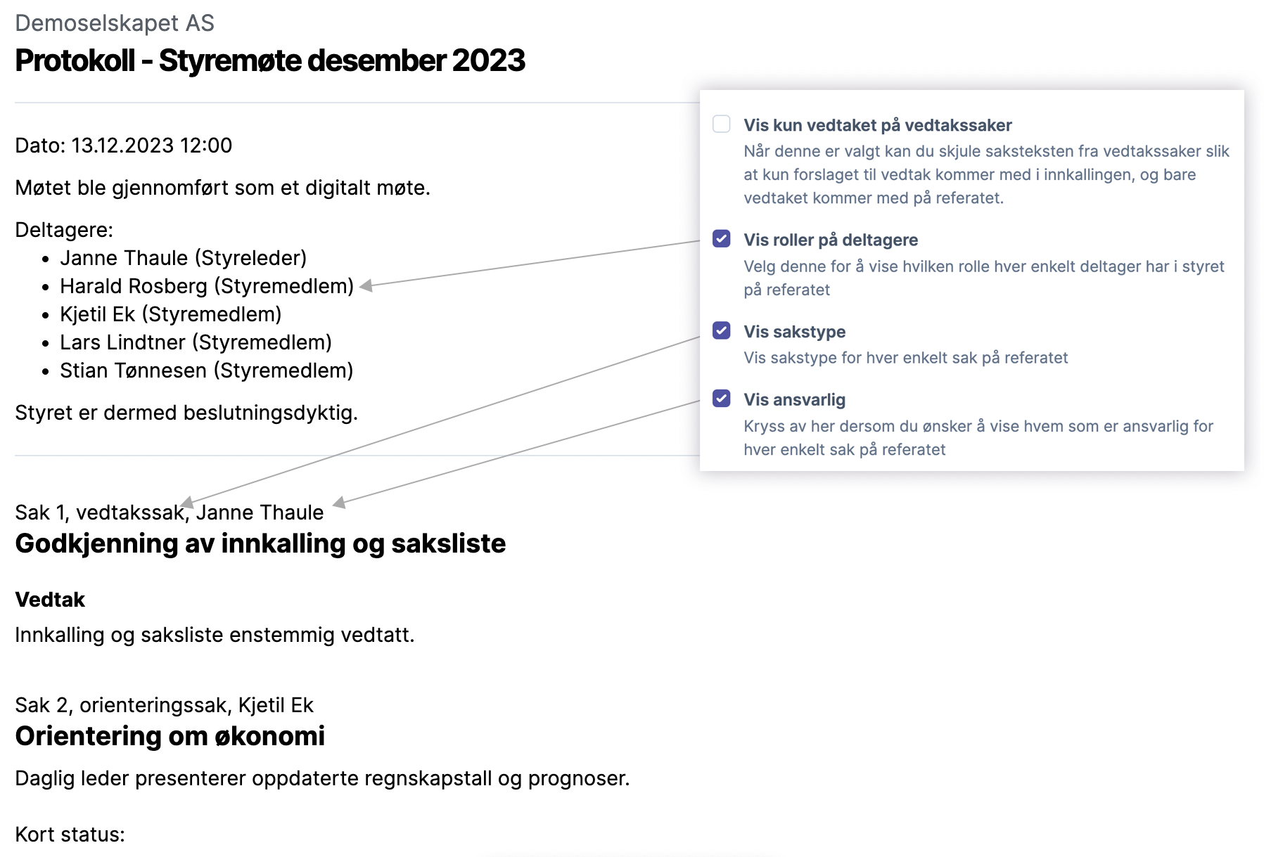 Standardinnstillinger for møtereferat med valgmuligheter og deltakerroller