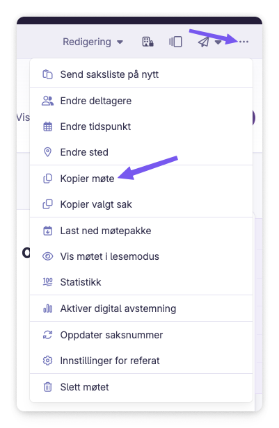 Menymed alternativer for redigering med pil til Kopier møte i nettbasert