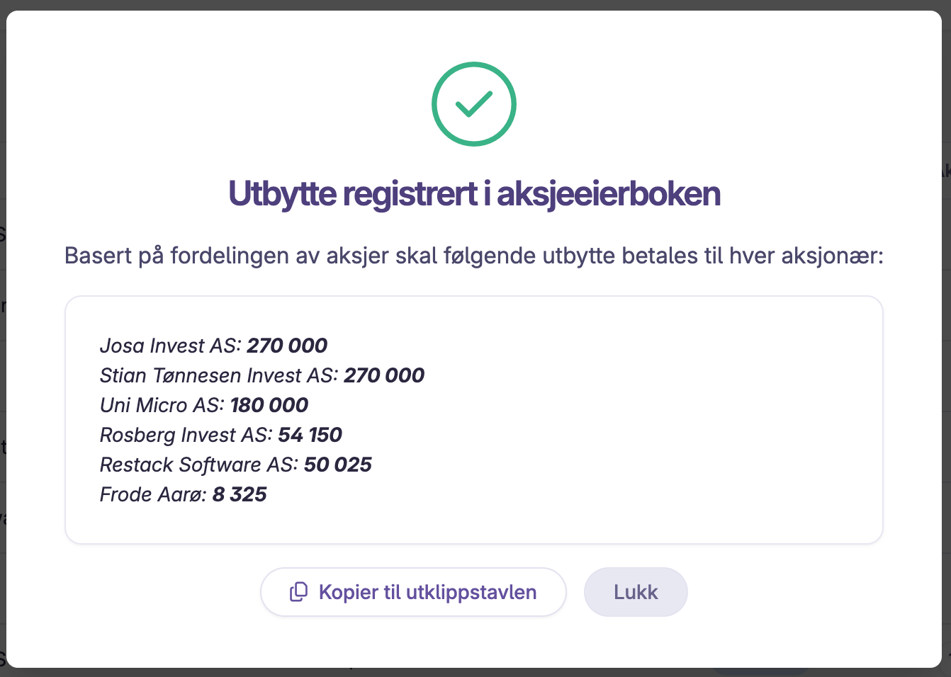 Oppsummering av utbytte til aksjonærer med beløp og mulighet til kopiering