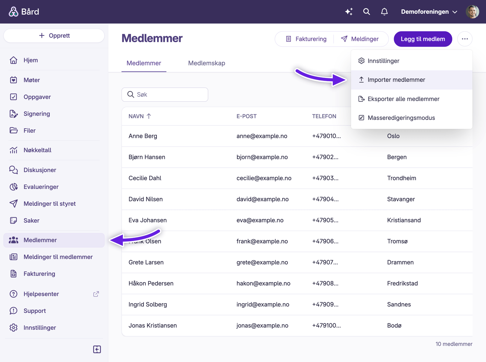 Medlemsliste med navn, e-post, telefon og meny for importering av medlemmer