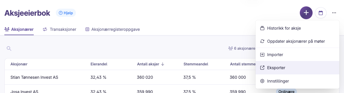 Aksjeeierbok med oversikt over aksjonærer og eksportvalg åpen