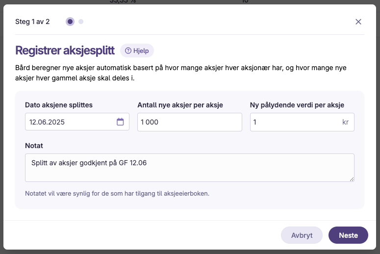 Registrering av aksjesplitt med dato, antall nye aksjer per gammel aksje og ny