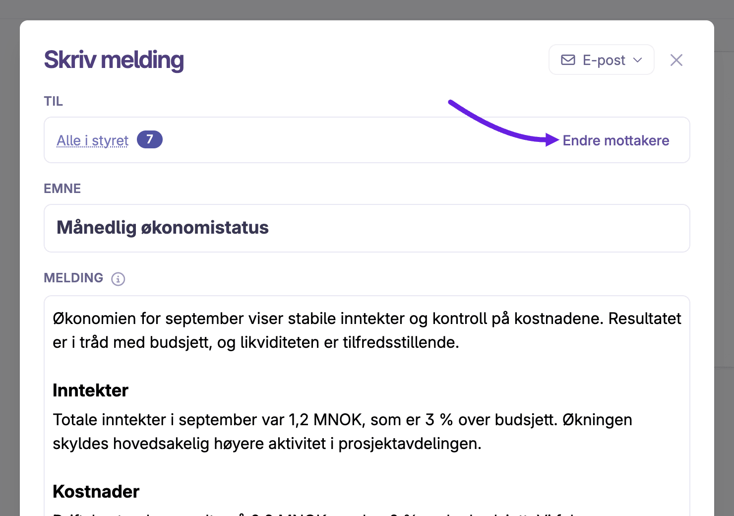Meldingsvinduet med knappen «Endre mottakere» ved siden av mottakerne